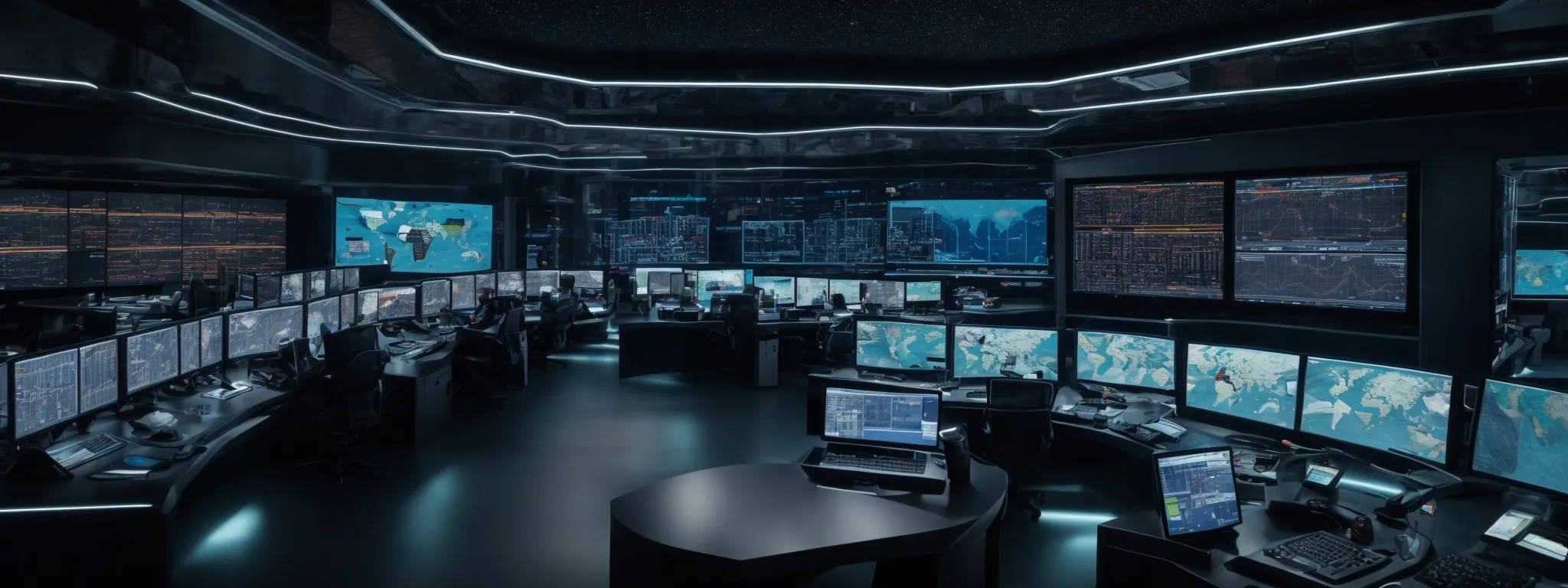 a panoramic view of a futuristic command center with multiple screens displaying data analytics and world maps.