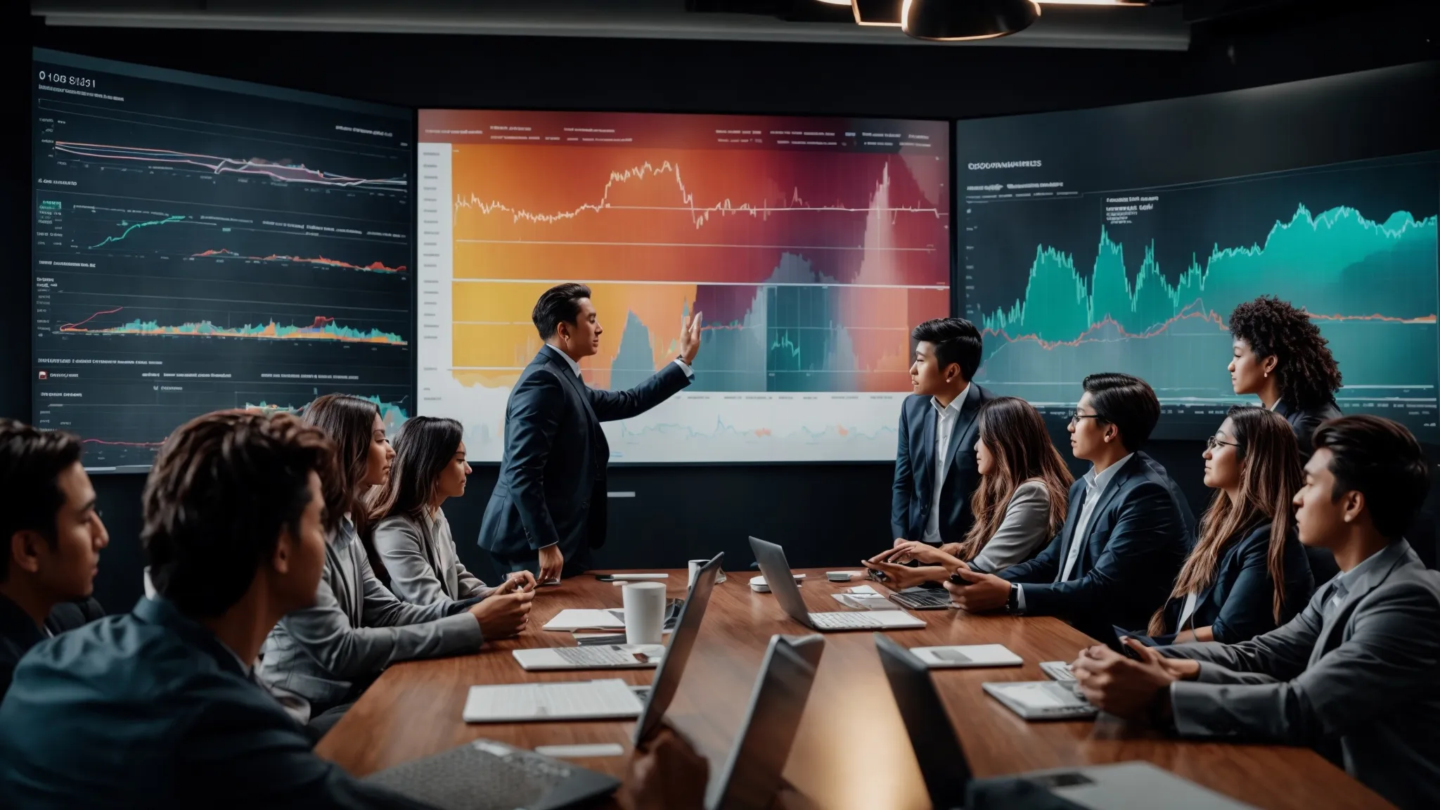 a group of digital marketers gathers around a large screen displaying colorful graphs and analytics dashboards during a strategy meeting.