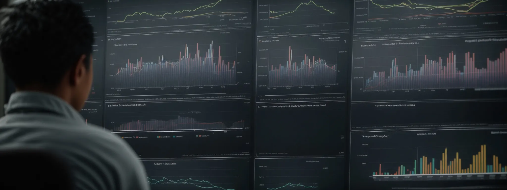 a person peeking at a screen displaying bar graphs and pie charts that represent search analysis and keyword trends.