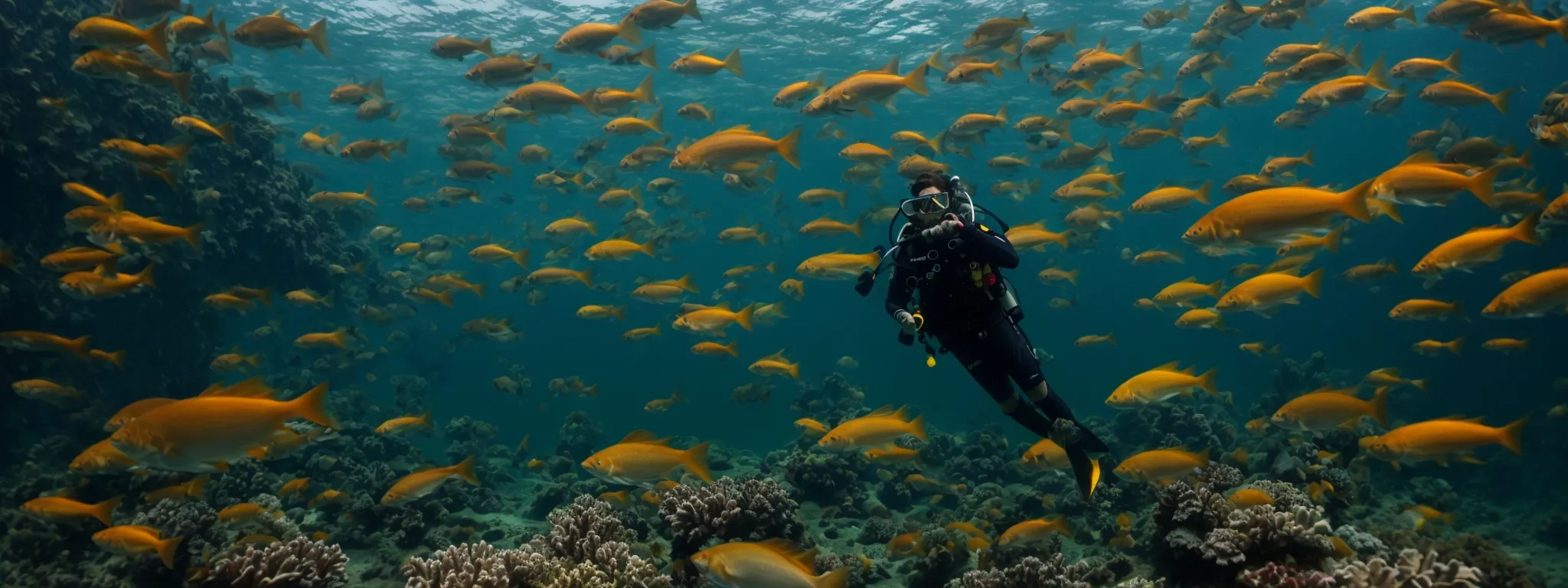 a diver with an underwater tablet among schools of fish represents diving into the depths of keyword analytics for strategic insights.