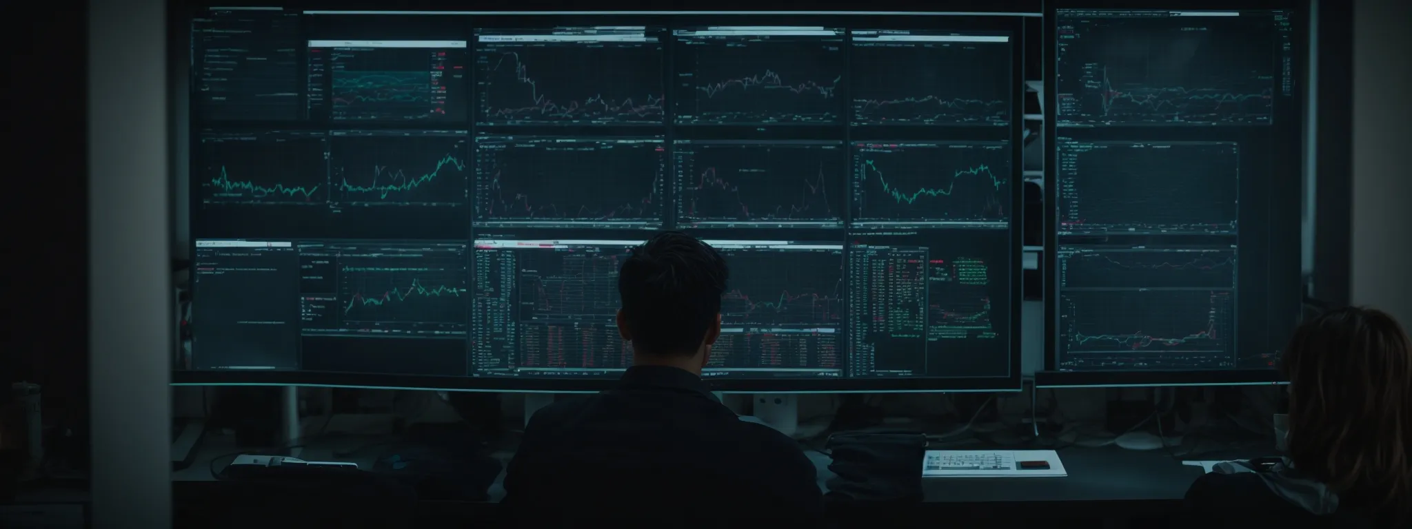 a person sits at a computer, analyzing a complex data visualization of search trends and keyword volumes on a screen.