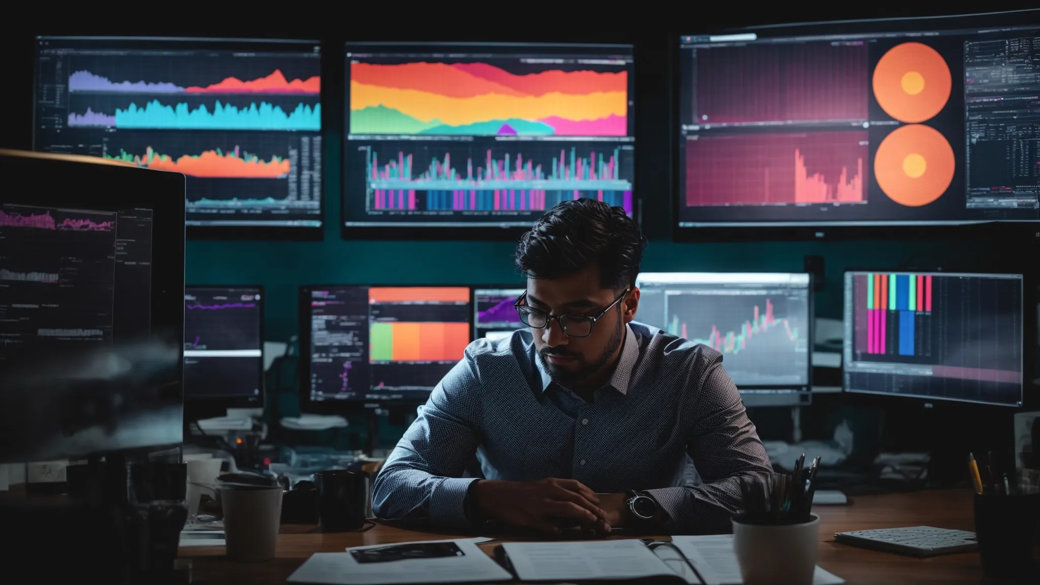 a person sits at a desk surrounded by multiple screens displaying colorful analytics and research graphs, deeply focused on seo strategy development.