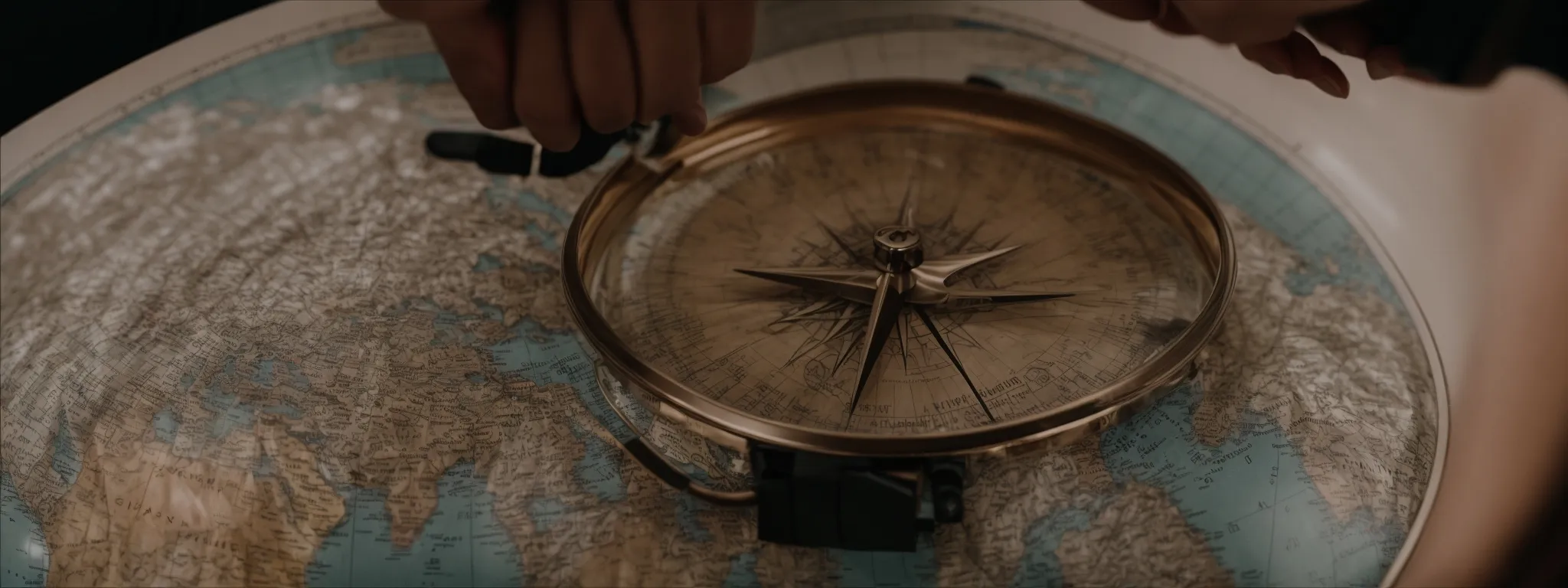a person maps out a journey on a compass-adorned globe, symbolizing strategic keyword navigation.