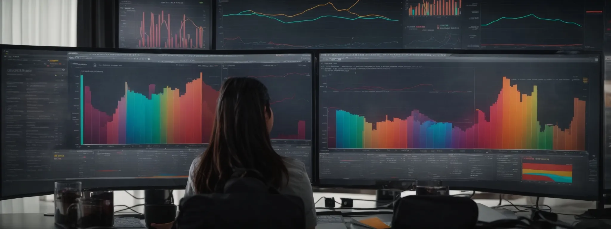 a person intently studies a computer screen displaying colorful graphs and charts related to website analytics and seo performance.