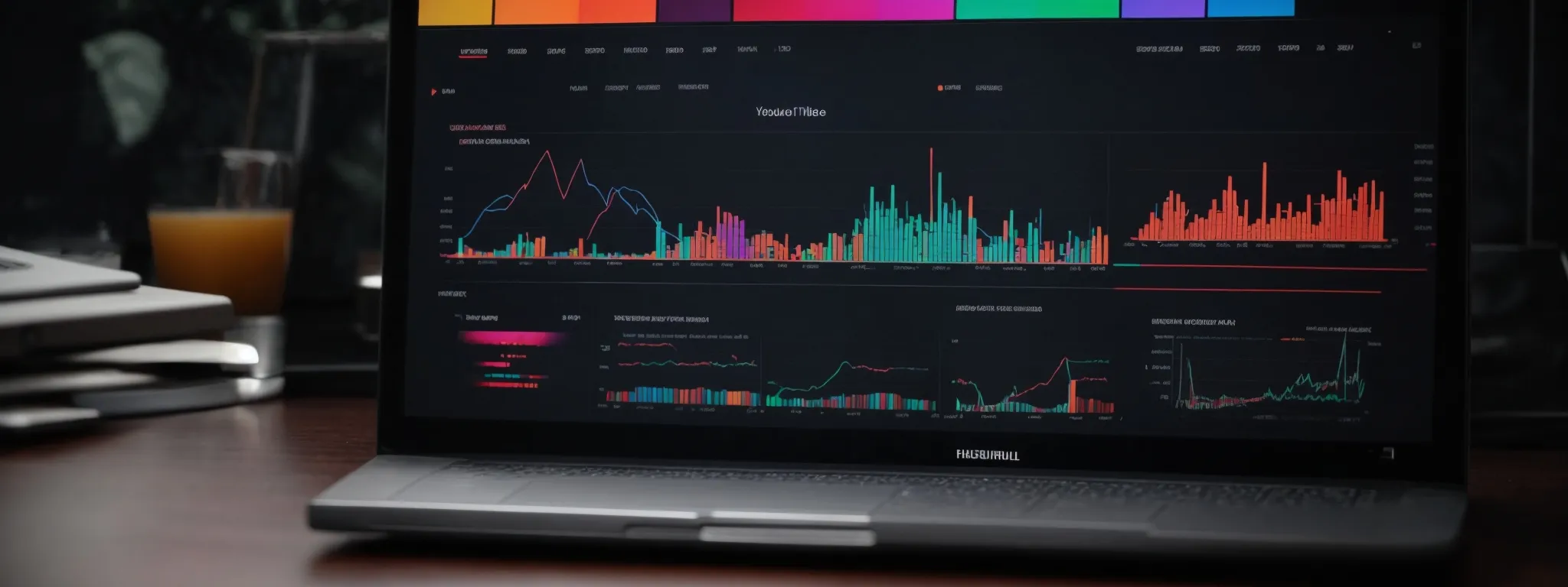a laptop screen displays colorful graphs and charts representing youtube keyword analytics.