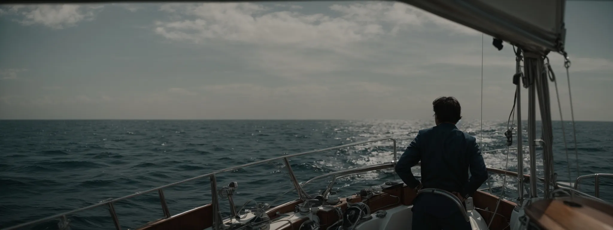 a person stands at the helm of a sailboat, steering confidently across a vast, open sea towards the horizon.