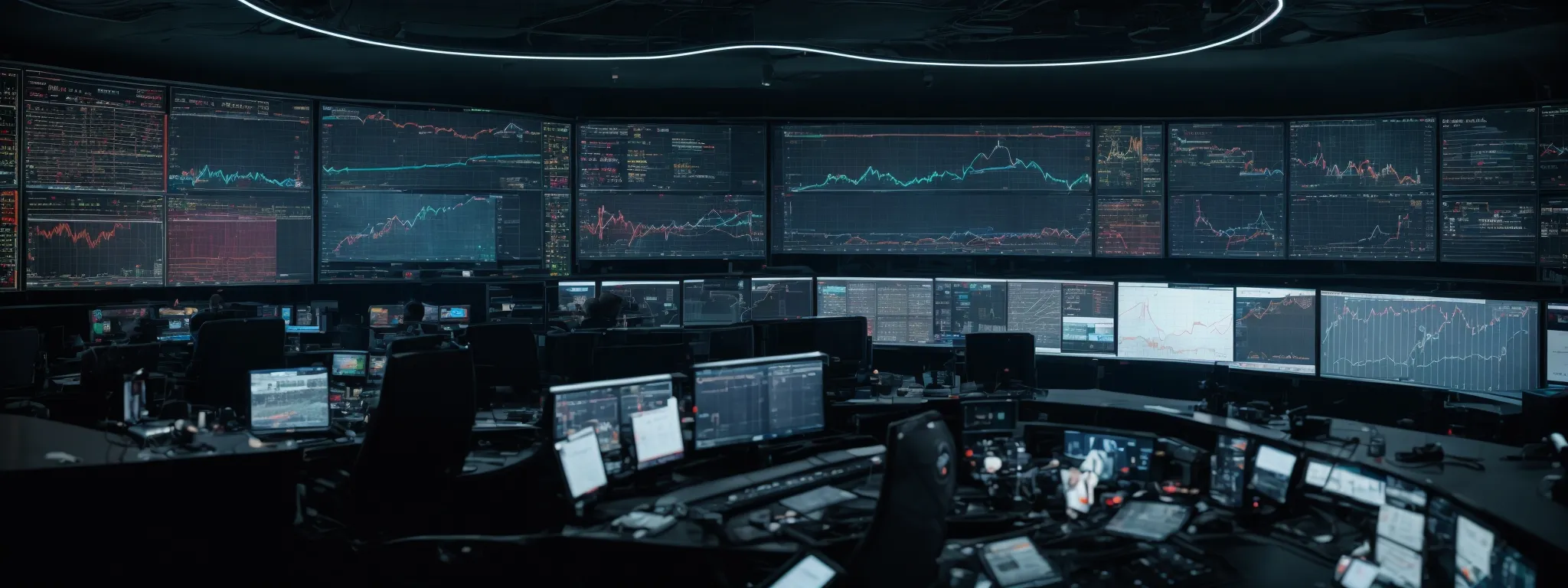 a panoramic view of a high-tech control room with multiple screens displaying graphs and analytics.