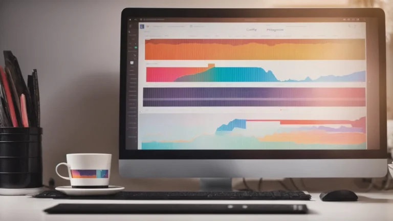 a computer screen displays a colorful graph and list of trending keywords alongside a coffee cup and a notepad.