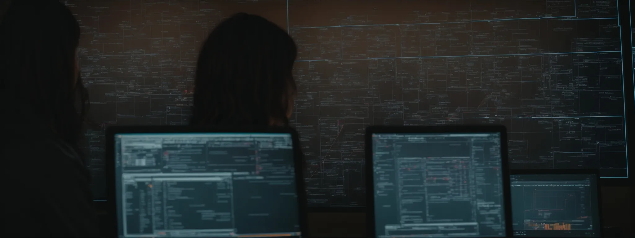 a person gazing intently at a computer screen surrounded by complex flowcharts and diagrammatic representations of algorithms.