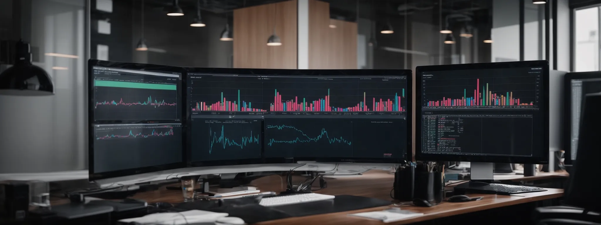a modern office setup with a dual-monitor computer displaying colorful analytics graphs and charts.