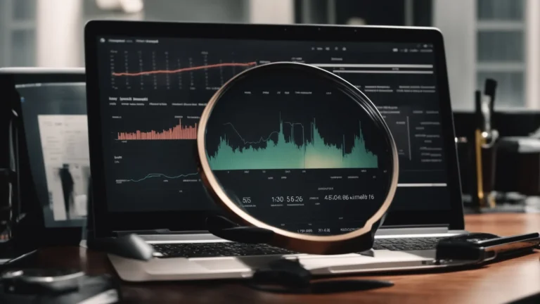 a laptop with graphs and keyword statistics visible on the screen, with a magnifying glass beside it on a desk.