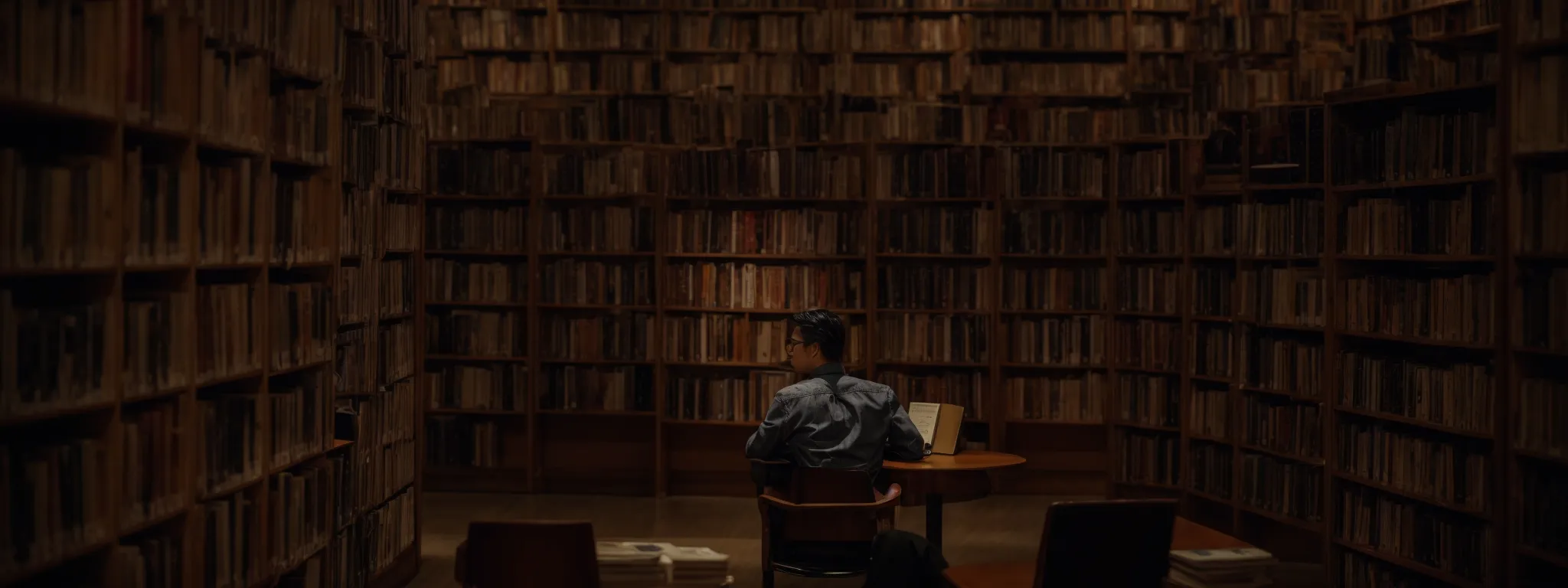 a person in a library setting surrounded by an array of books, hinting at the scholarly endeavor of mastering seo through content and keyword strategy.