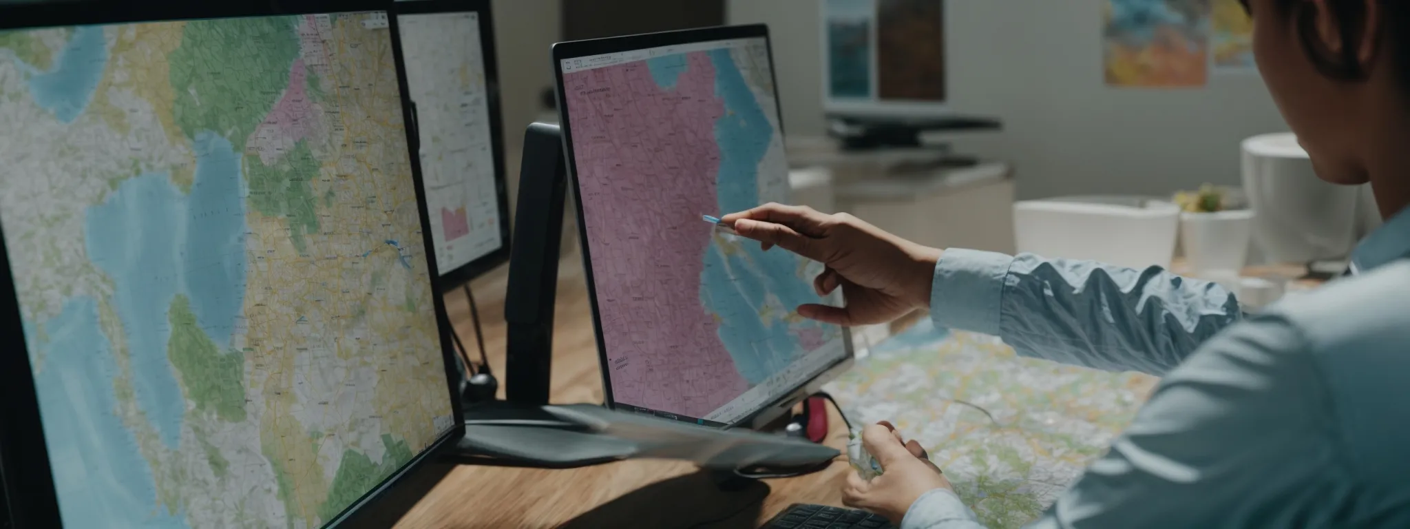 a marketer analyzing a colorful map on a computer screen, pinpointing different regions for local seo strategies.