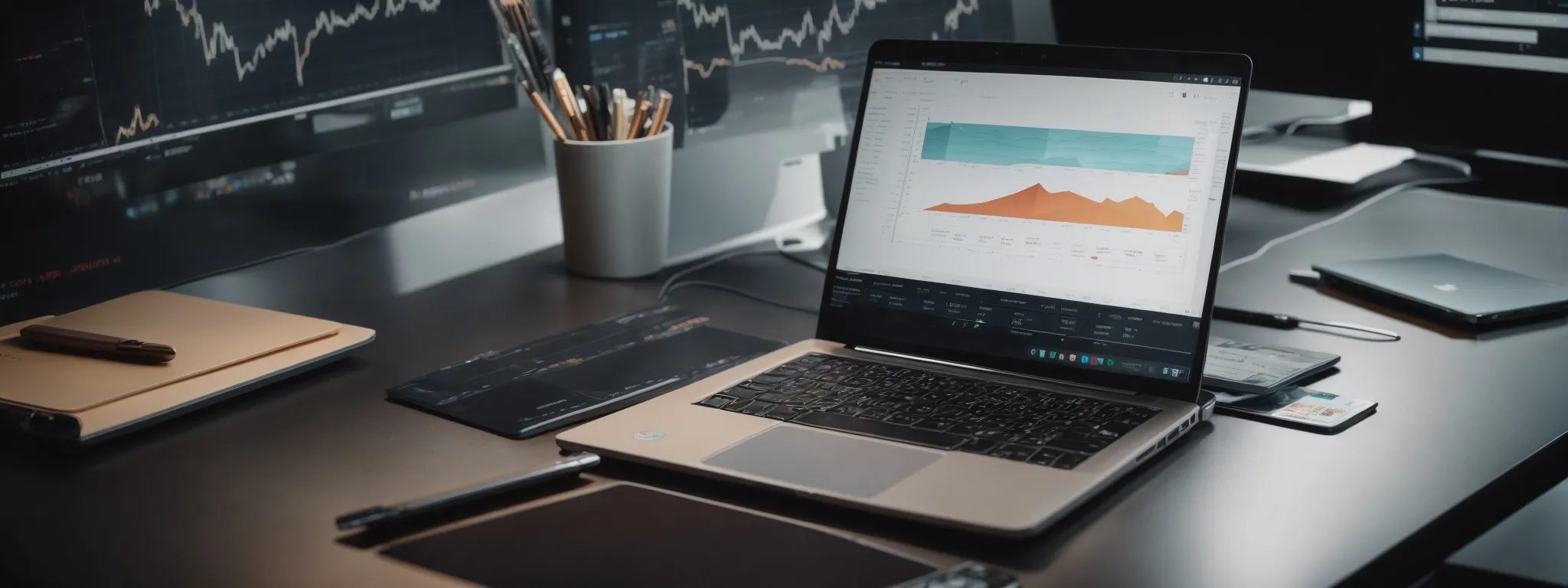 a laptop with charts and graphs on the screen, reflecting modern seo analytics tools.