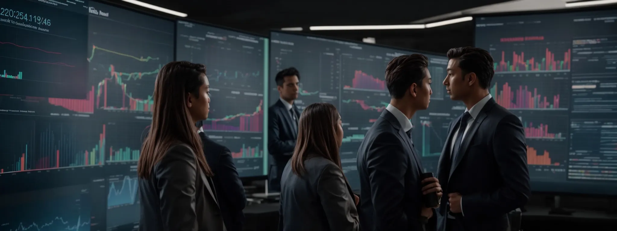 a group of attentive professionals gazes at a large screen displaying colorful graphs and analytics on an advanced software dashboard.