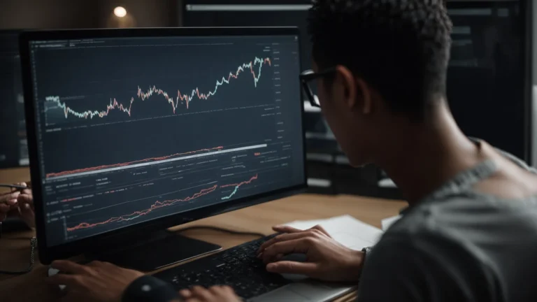 a person analyzing graphs and charts on a computer screen, highlighting high-traffic keywords.