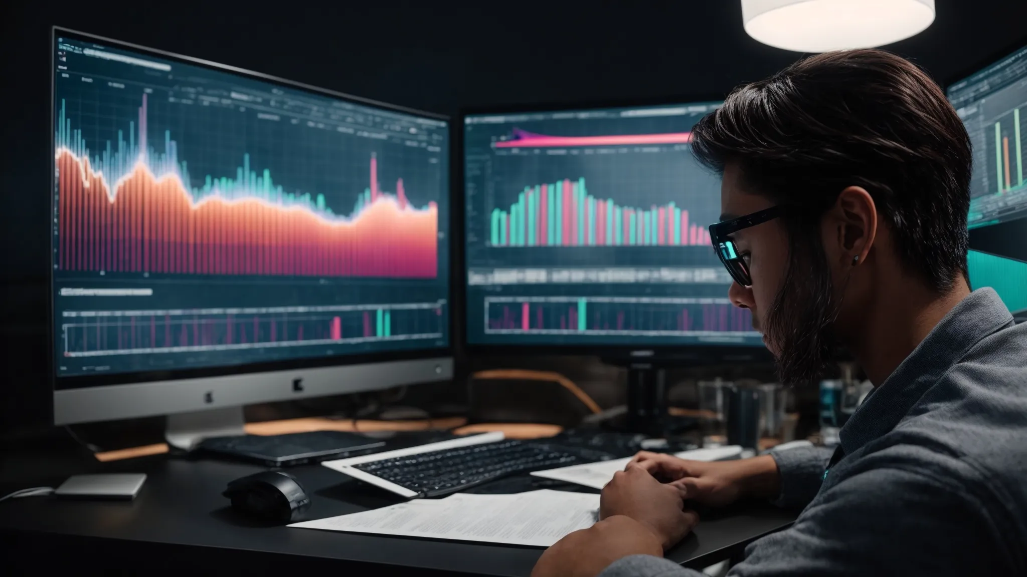 a person is sitting at a computer, analyzing colorful graphs and charts that represent keyword research data on a large monitor.