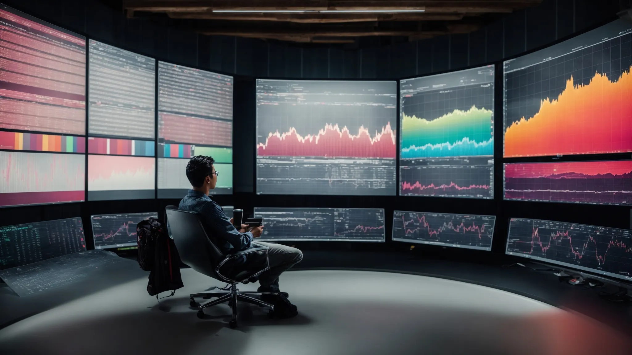 a person sits before a large screen filled with colorful graphs and charts, analyzing data trends.