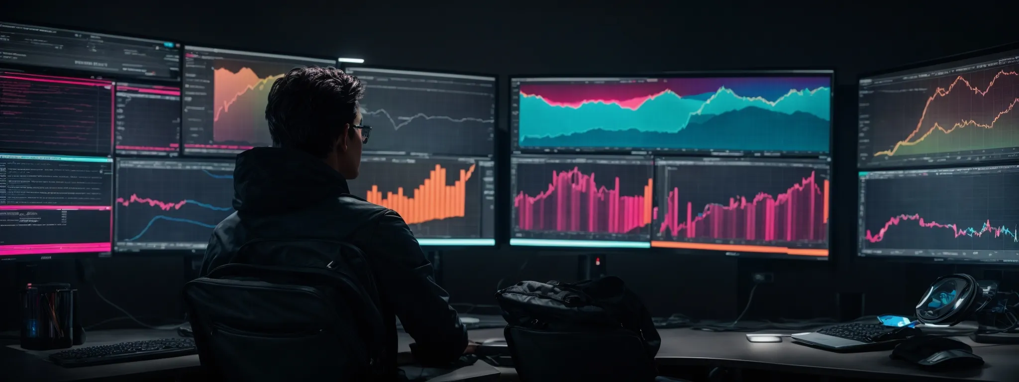 a person sits in front of dual monitors, displaying colorful analytics graphs and keyword performance metrics.
