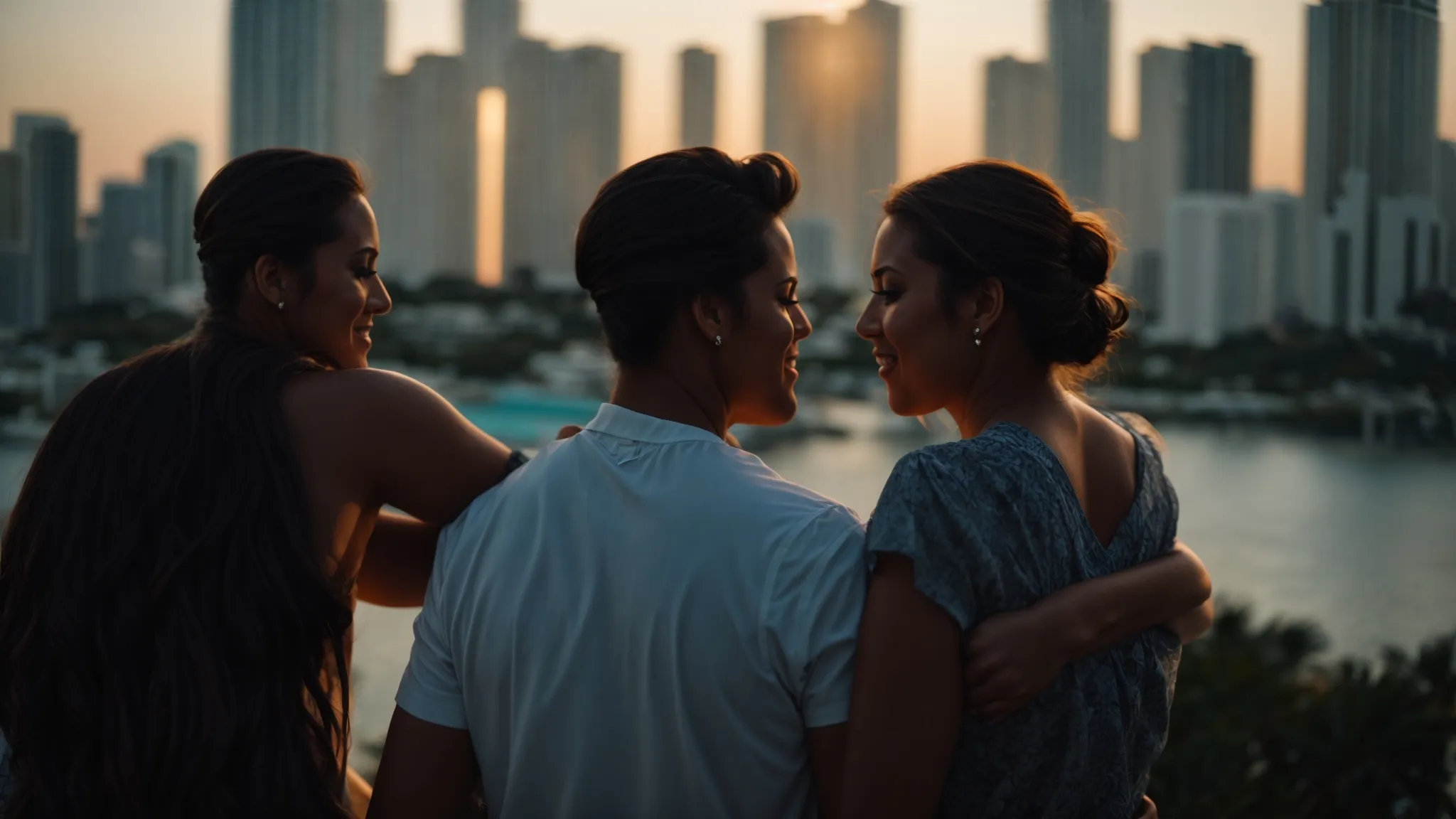 a miami skyline with silhouettes of people embracing in a celebratory or supportive manner.
