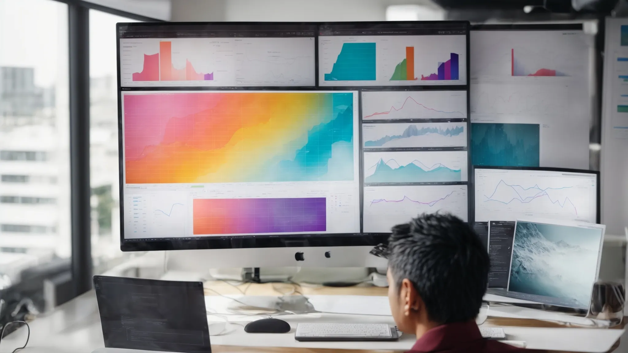 a person analyzing colorful graphs and maps on a computer screen in a bright office setting.