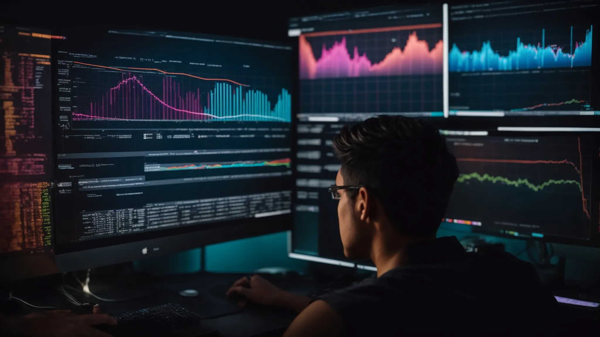 a person sits in front of a computer screen displaying colorful graphs and keyword analytics.