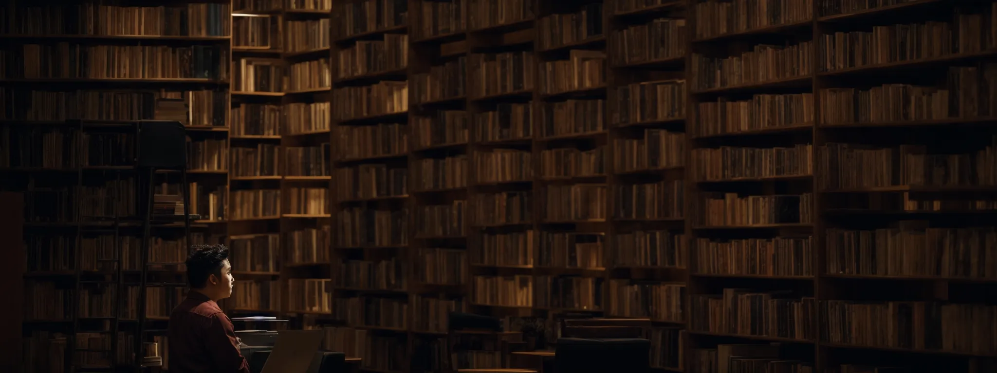 a person contemplating a expansive library of books, symbolizing the vast possibilities of keyword discovery with searchatlas.