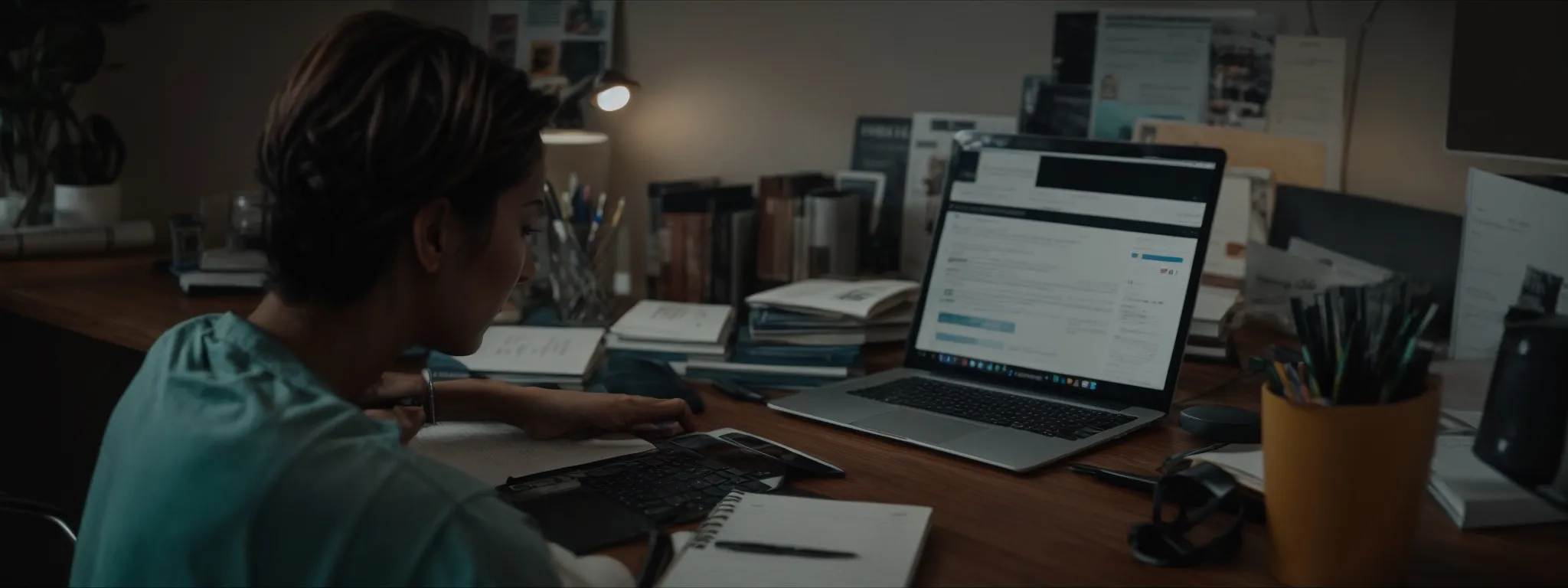 a person thoughtfully typing on a laptop in a home office, surrounded by marketing strategy books and a notepad with seo notes.