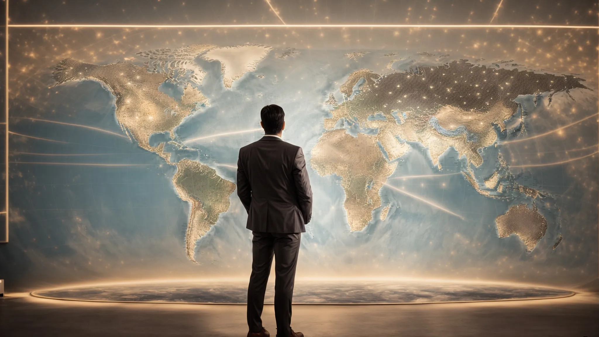 a marketer stands before a large world map, plotting points and connecting cultural symbols across continents.