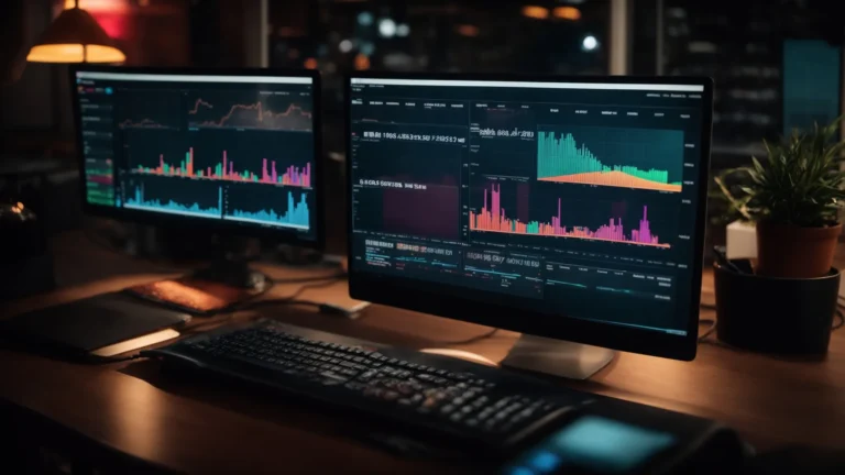 a computer screen displaying colorful graphs and charts related to keyword performance trends in a dimly lit office.