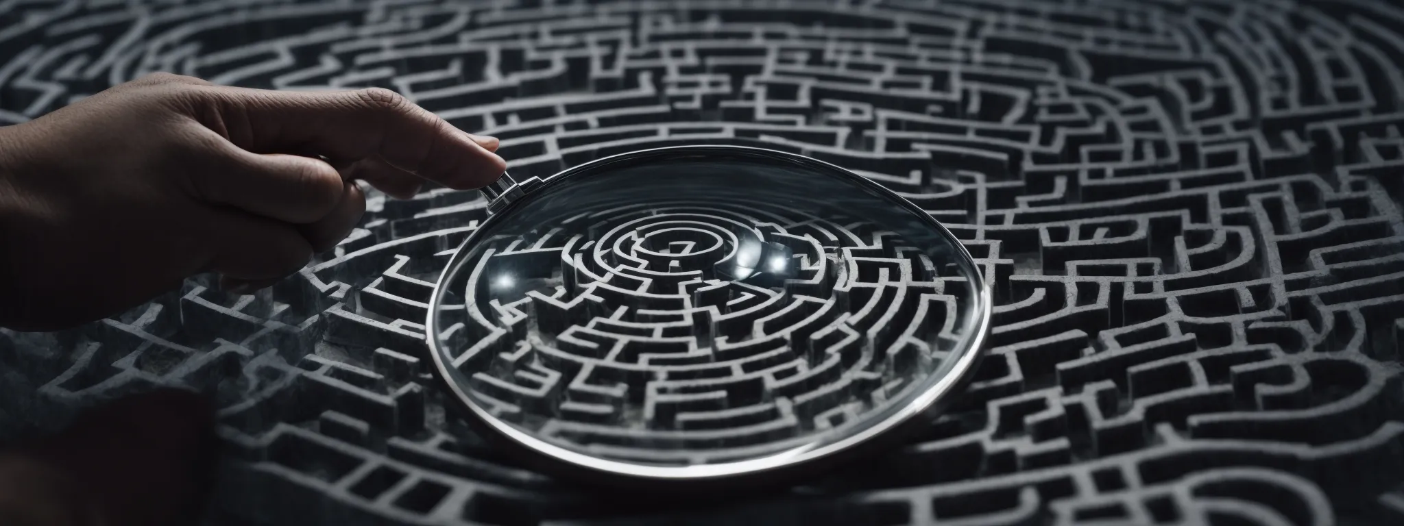 a professional holding a magnifying glass over a maze symbolic of seo strategies, with the representation of a digital interface showing keyword analytics.
