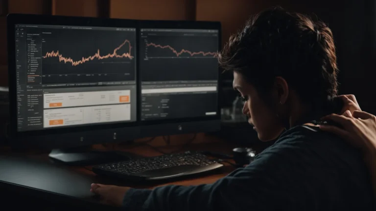 a person sitting at a computer analyzing a graphical representation of amazon search trends and keyword volumes.