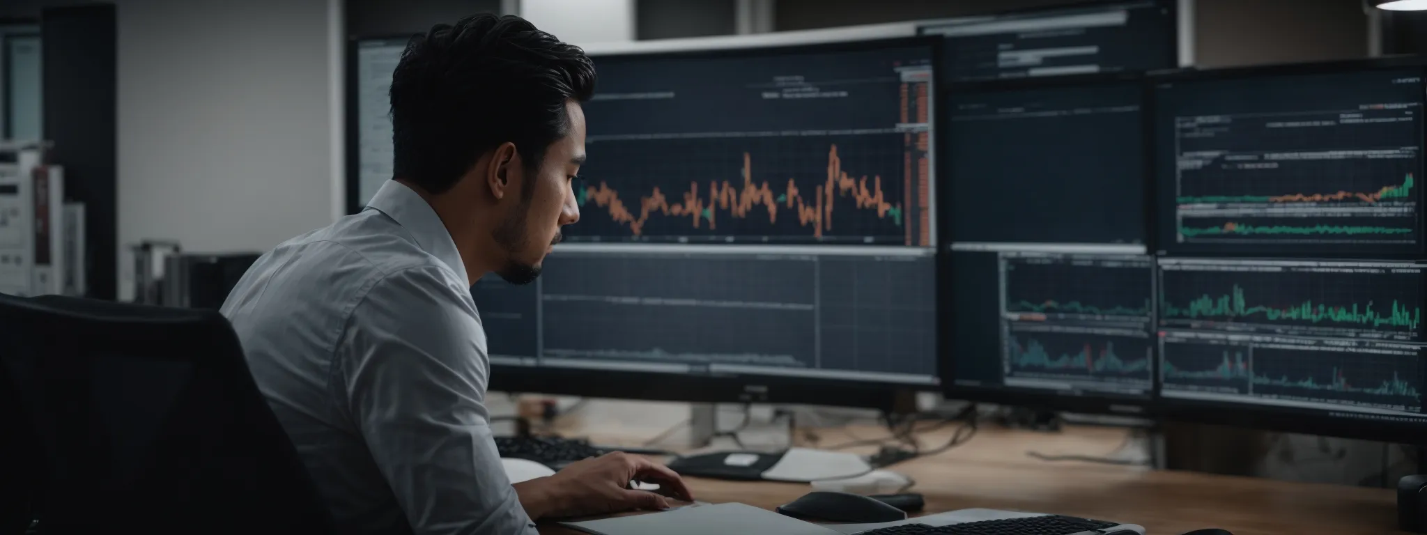a focused individual analyzing complex keyword analytics charts on a dual-screen computer setup in a modern office environment.