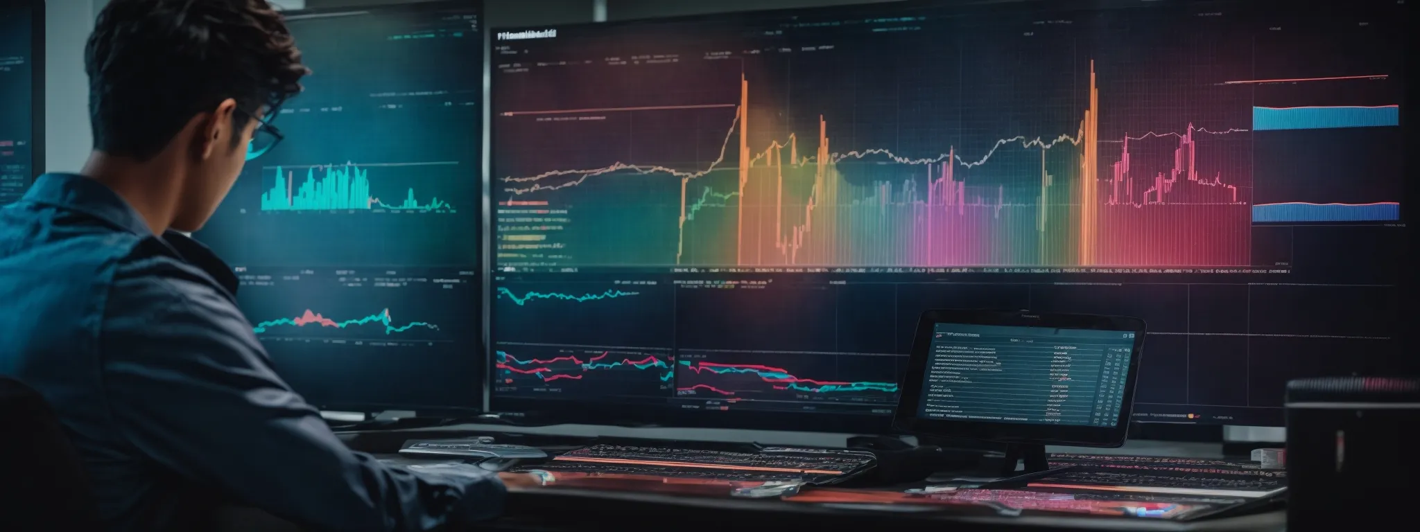 a marketer gazes intently at a large, hi-resolution computer screen displaying colorful graphs and data analytics on keyword trends.