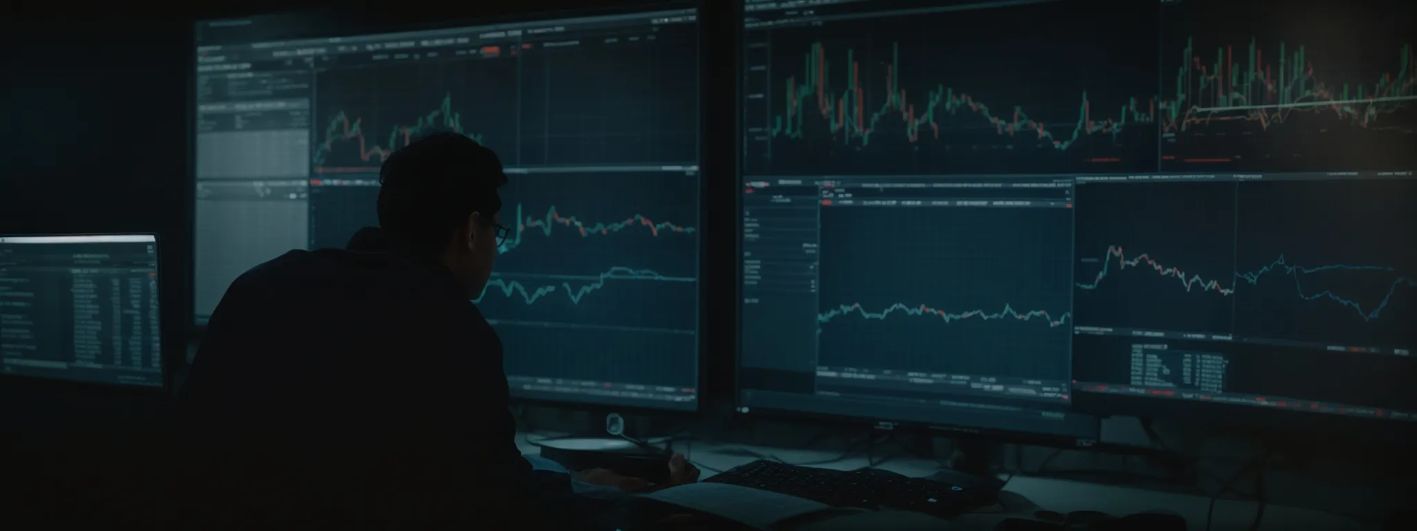 a focused individual analyzing dynamic graphs and charts on a computer screen to strategize over a global digital marketplace.