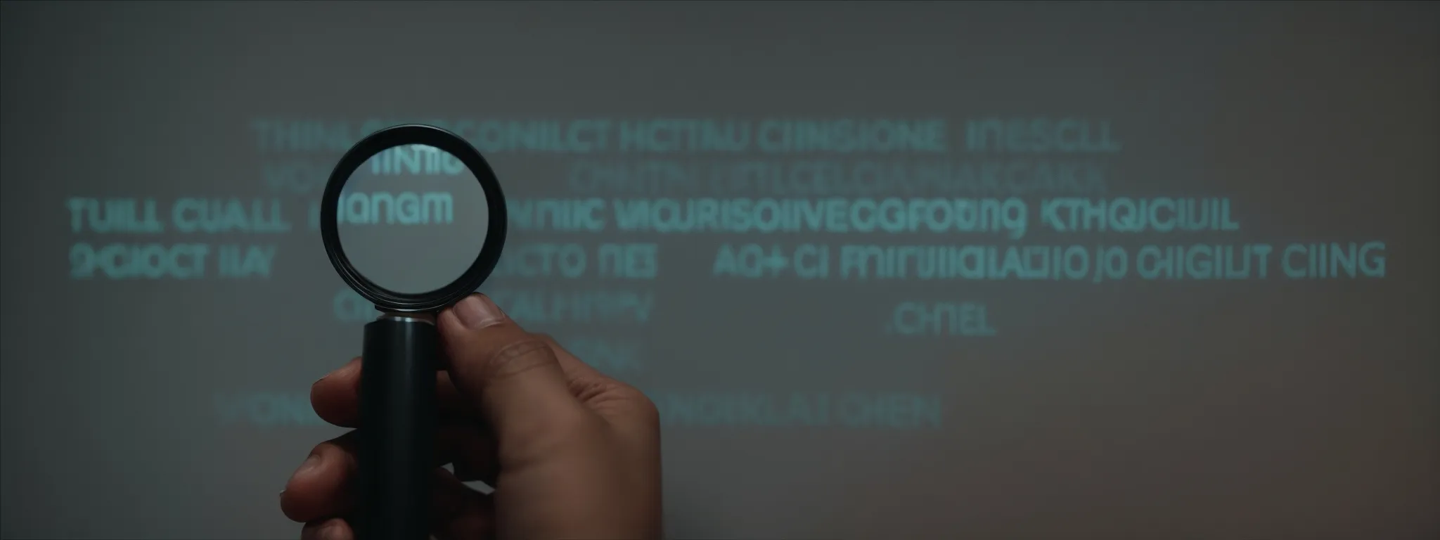 a close-up shot of a person's hand using a magnifying glass to focus on a cluster of bright, interconnected keywords floating above a digital screen.
