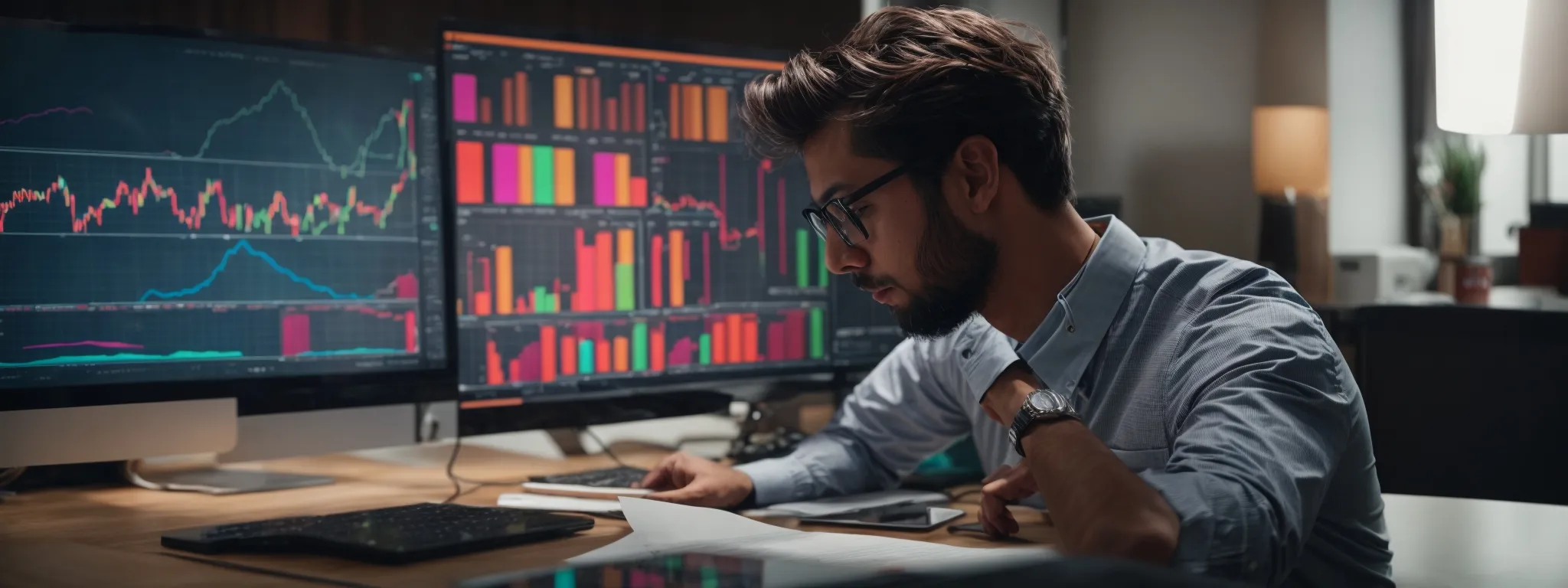 a diligent marketer intensely scrutinizes colorful analytics graphs on a computer screen, strategizing for online dominance.