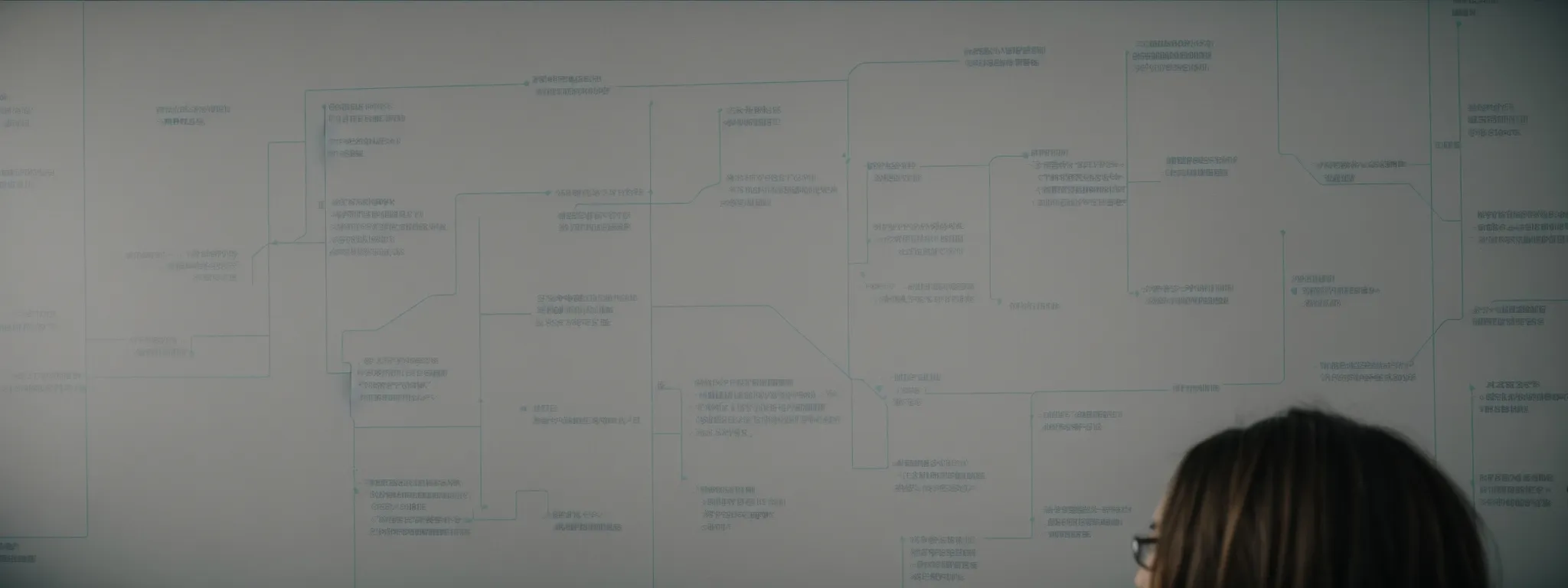 a person calmly studying a large, complex flowchart that visually represents various keyword strategies with focus on the longer phrases branching out.