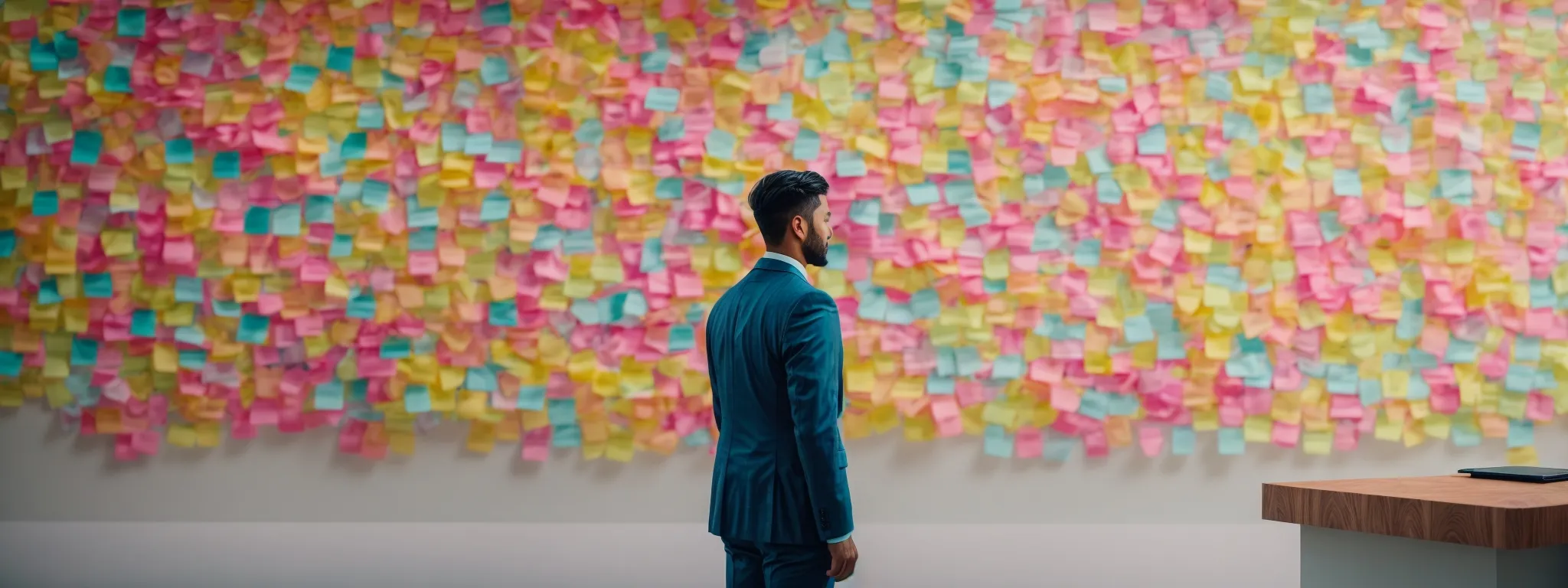 a marketer stands before a large digital screen, organizing colorful virtual sticky notes into different sections representing keyword priorities.