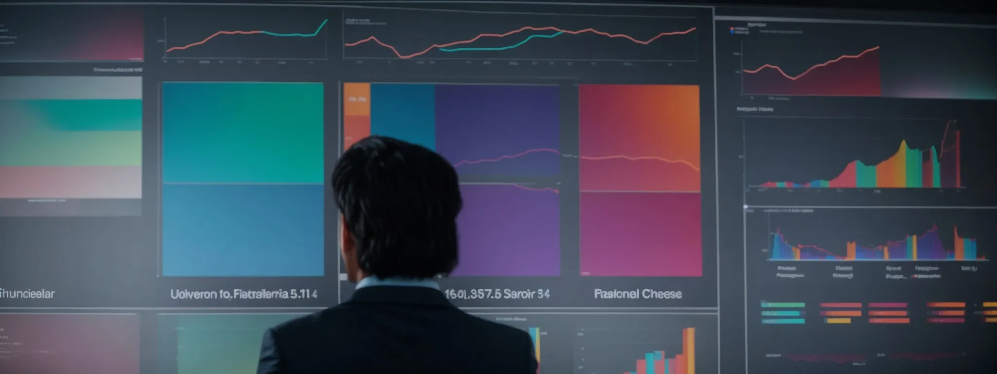 a person analyzing a set of colorful pie charts and bar graphs on a digital screen representing different niche market segments for keyword research.