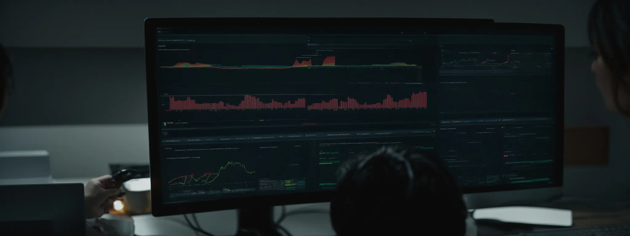 a person intently operates an analytics dashboard on a sleek computer interface, symbolizing a focus on optimizing user experience for seo tools.