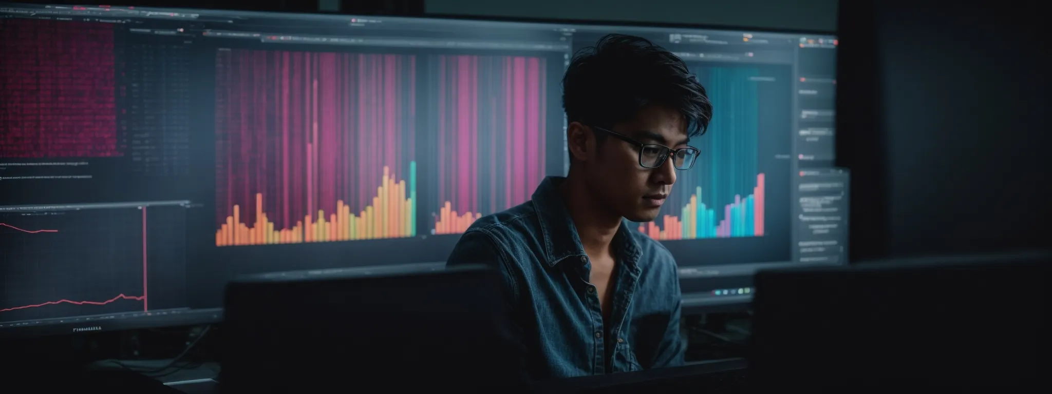 a person peers intently at a computer screen, where colorful graphs and charts illustrate search term trends and keyword analytics.