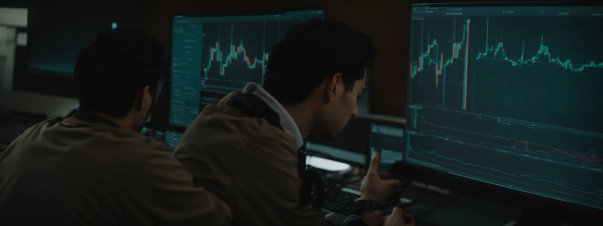 a person intently studies graphs and charts on a computer screen showing keyword trend data.