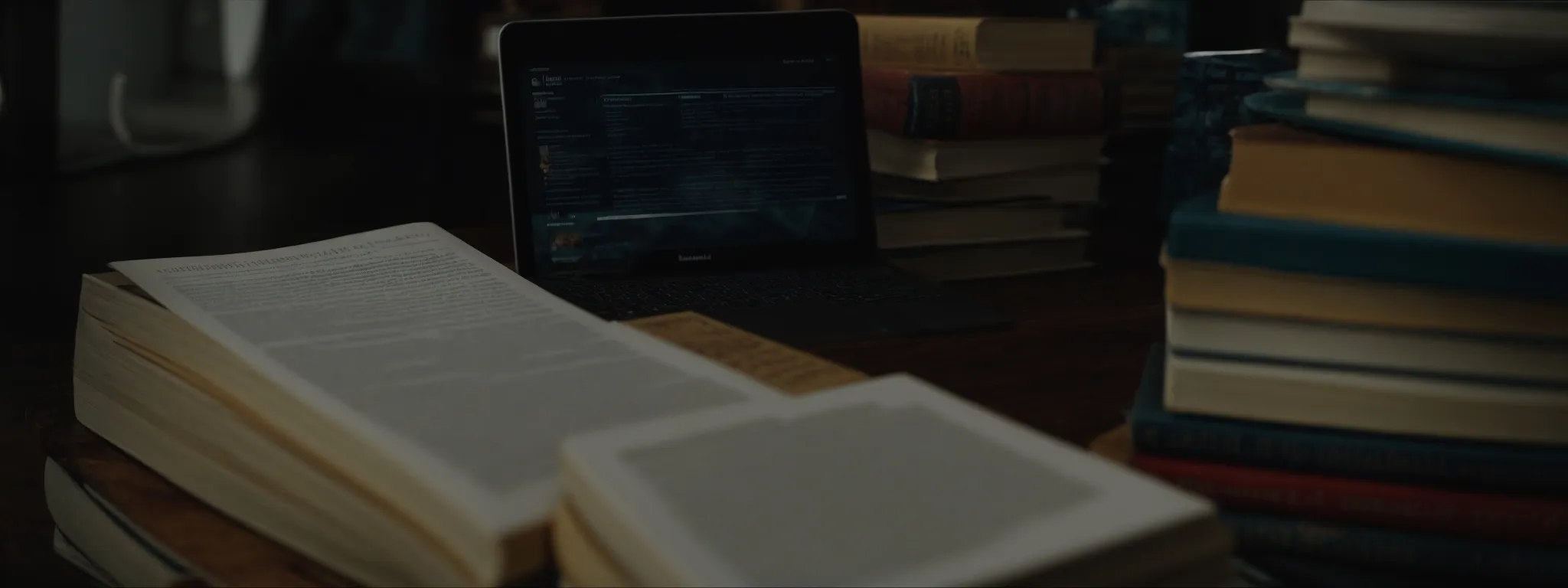 a stack of books beside a laptop displaying a book listing interface.