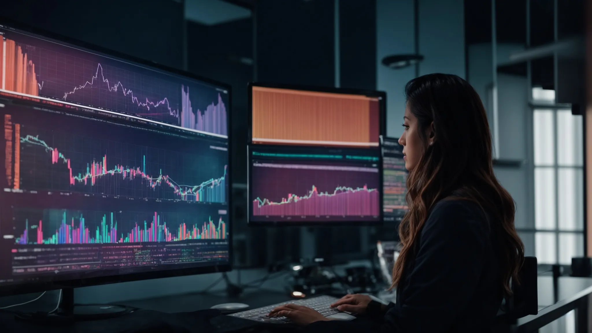 a researcher analyzing colorful graphs and charts on a computer screen, representing keyword performance metrics.