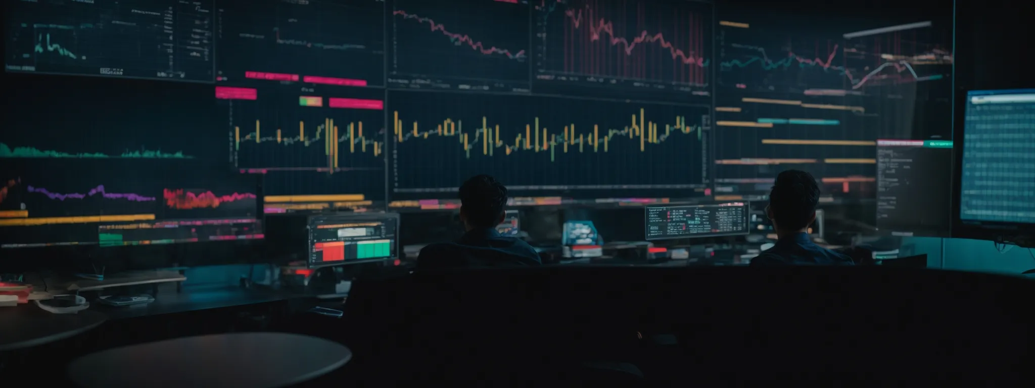 a person sitting in front of a computer screen displaying colorful analytics and search data.