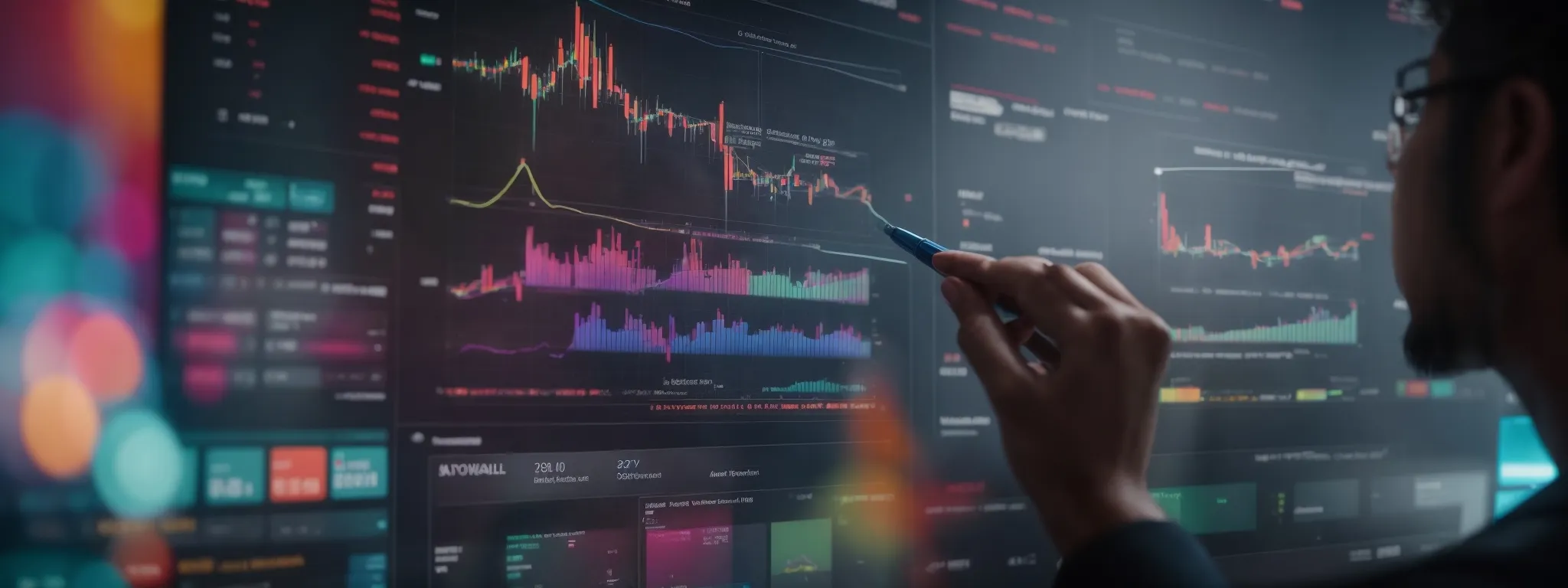 a marketer strategizes an ad campaign on a digital interface with colorful analytics and graphs depicting keyword performance.