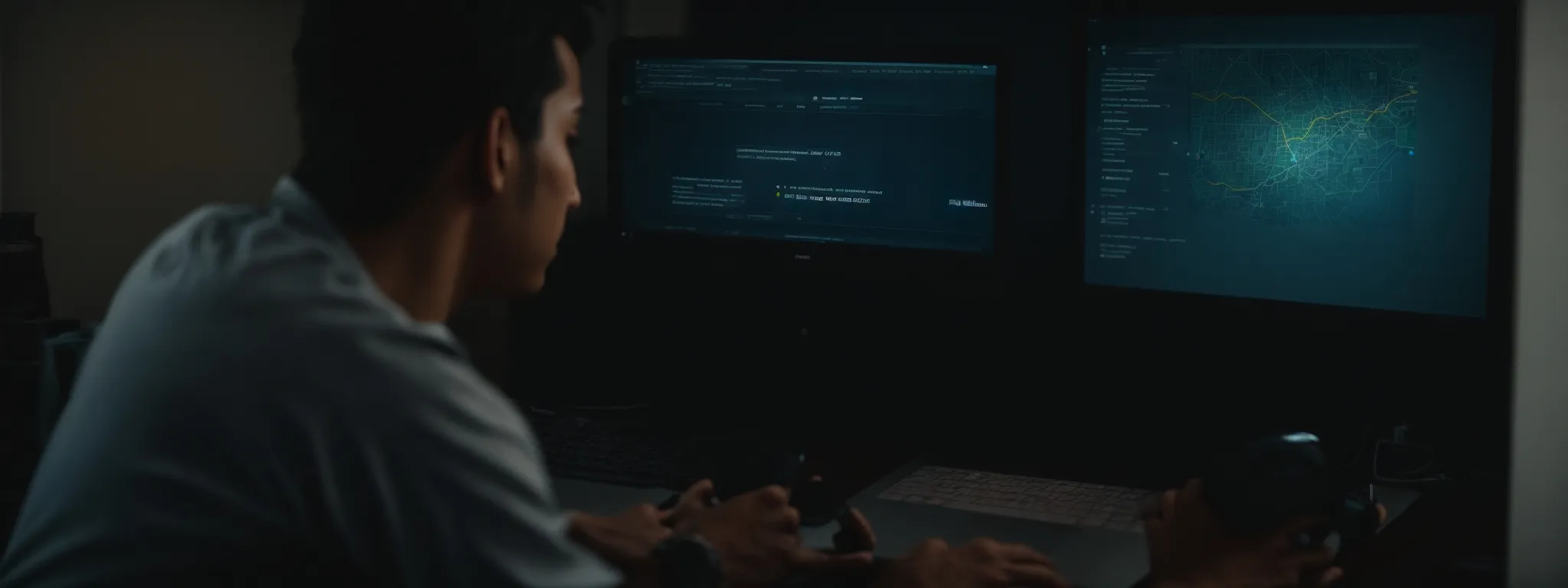 an individual sits in front of a computer, embarking on a digital keyword research quest with the searchatlas tool displayed on the screen.