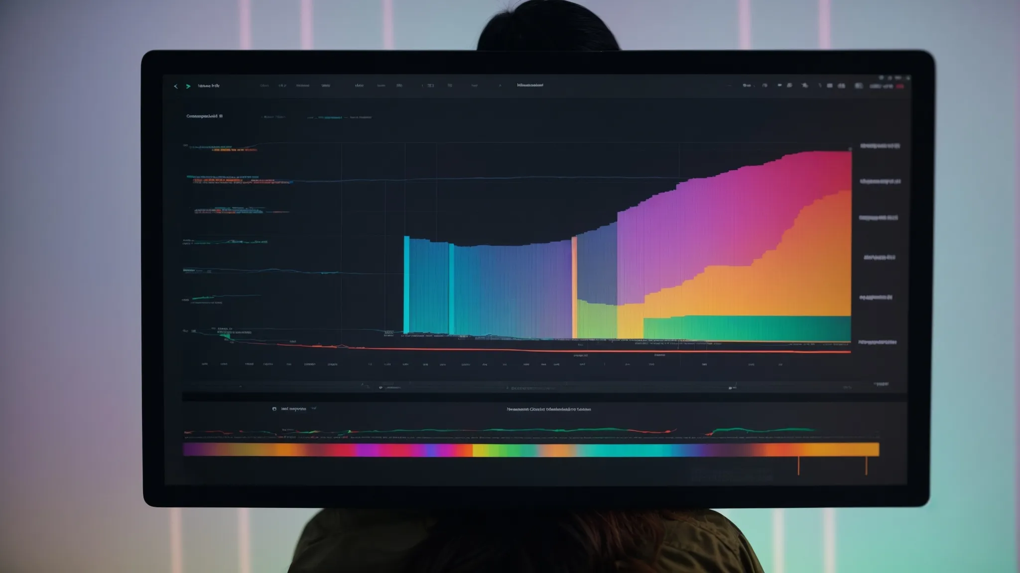 a person analyzing colorful trend graphs on a computer screen.