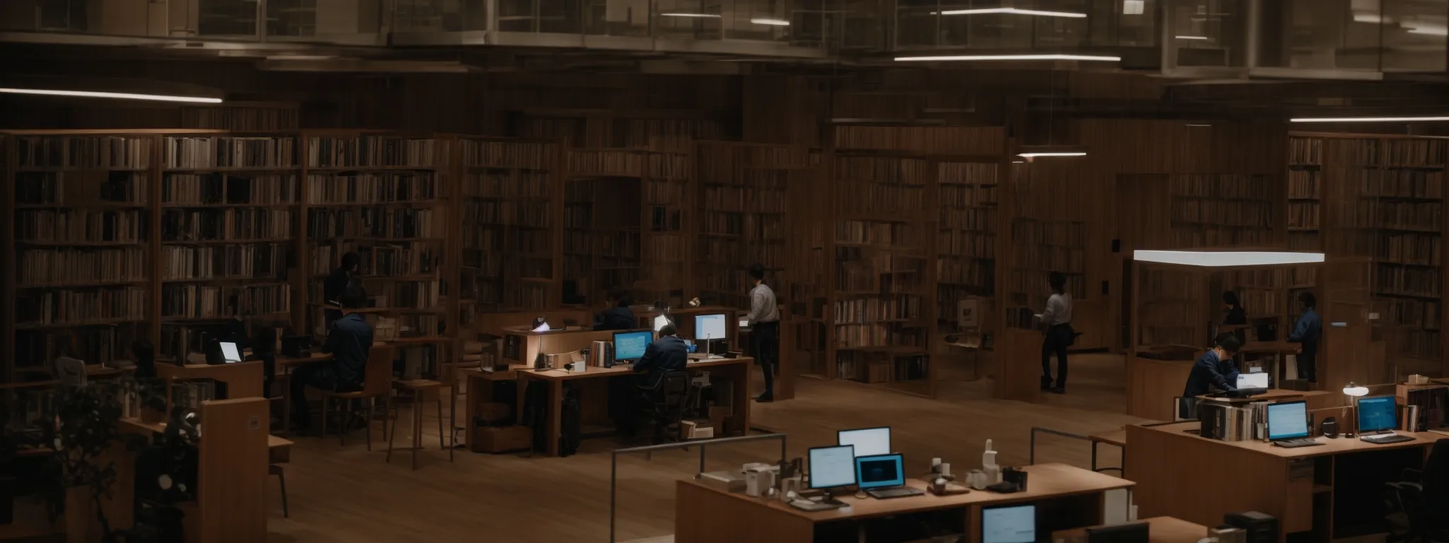 a wide-open library hall with visitors using computers to conduct research amidst towering bookshelves.